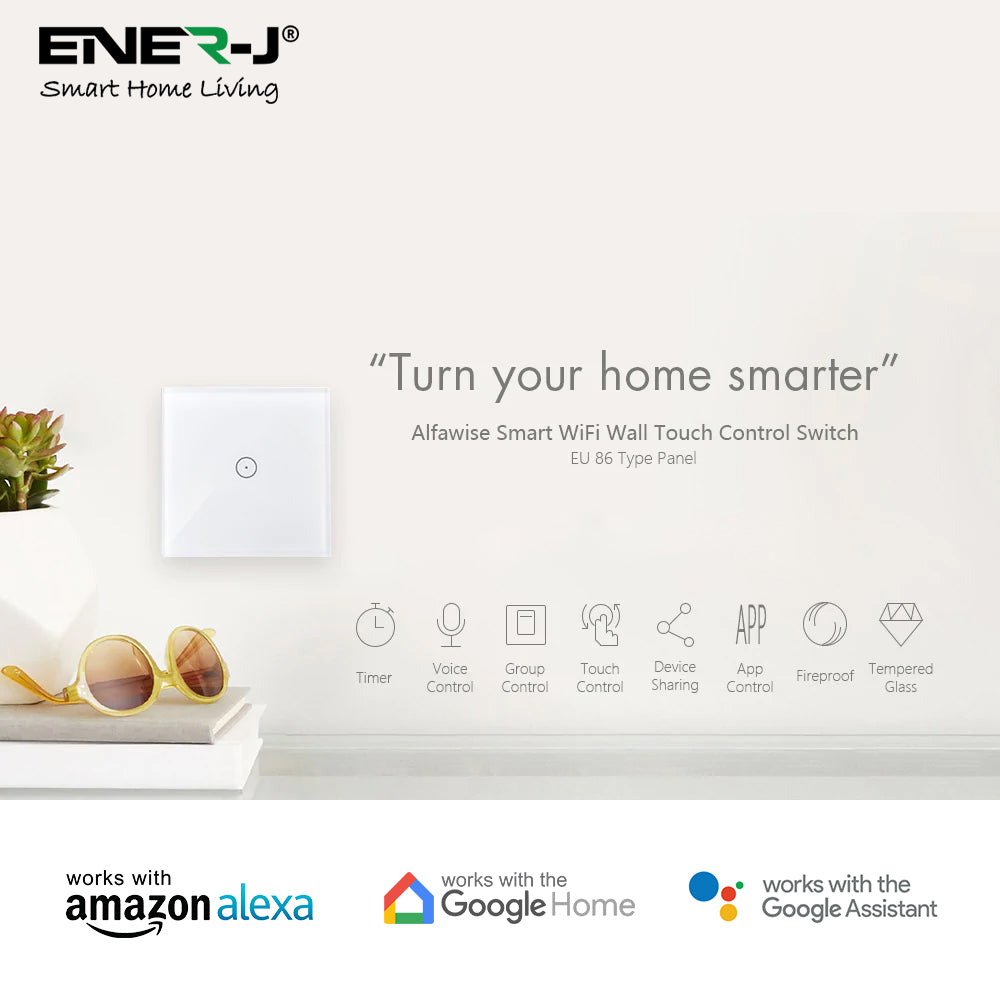 Ener-j SHA5313 Wifi Smart 2 Gang Touch Switch, No Neutral Needed, White Body