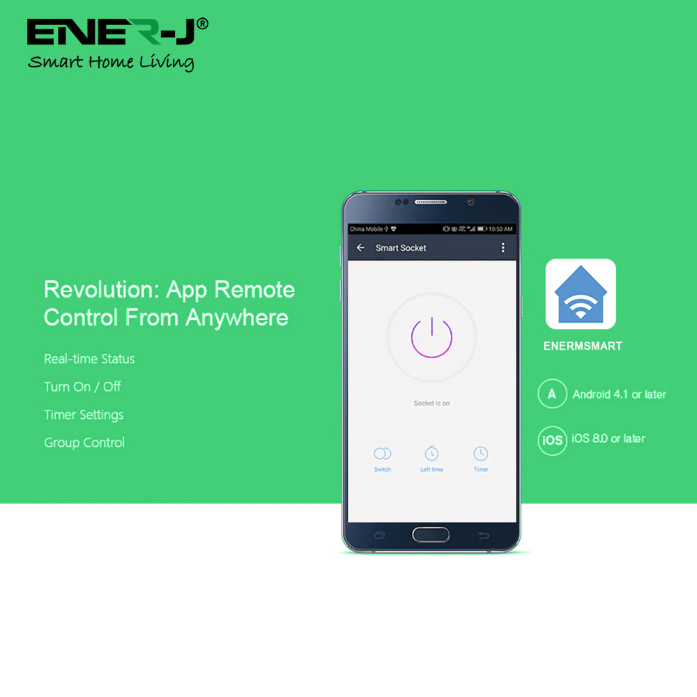 Ener-j SHA5313 Wifi Smart 2 Gang Touch Switch, No Neutral Needed, White Body