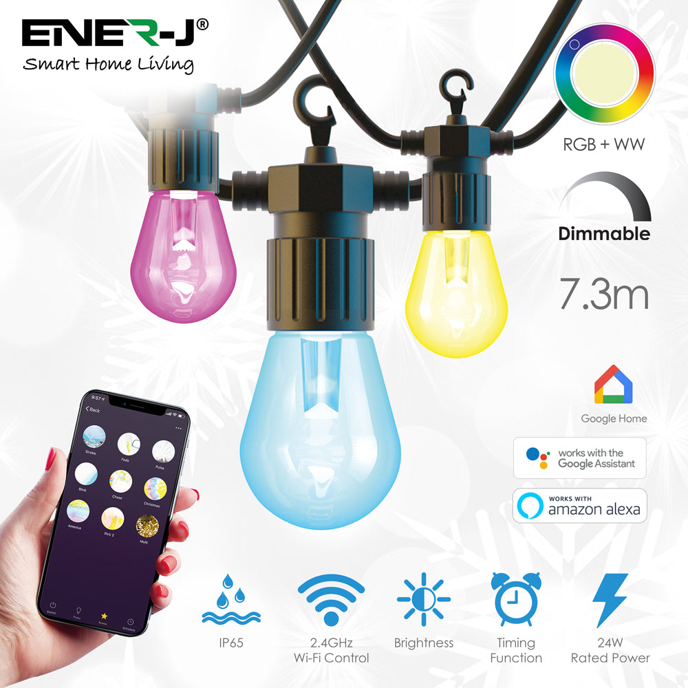 Ener-j SHA5315-3 Wi-Fi LED String Light with RGB+WW, 7.3M and 12pcs LED Bulbs withPlug & Play Power Supply Pack of 3