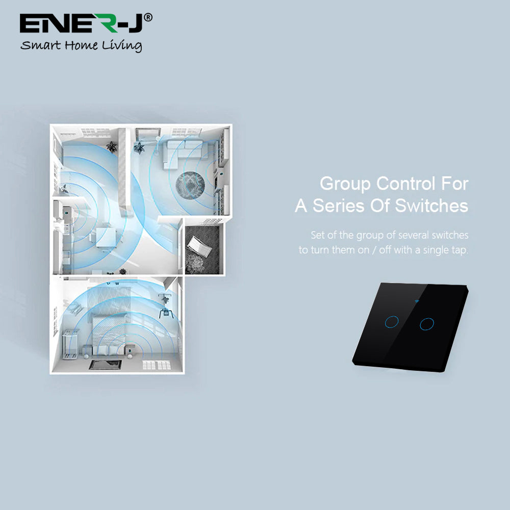 Ener-j SHA5337 Wifi Smart 2 Gang Touch Switch, No Neutral Needed, Black Body