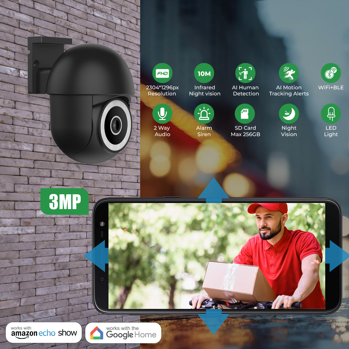Ener-j SHA5341 Smart Wi-Fi PTZ Dome Outdoor IP Camera Black Housing, IP65