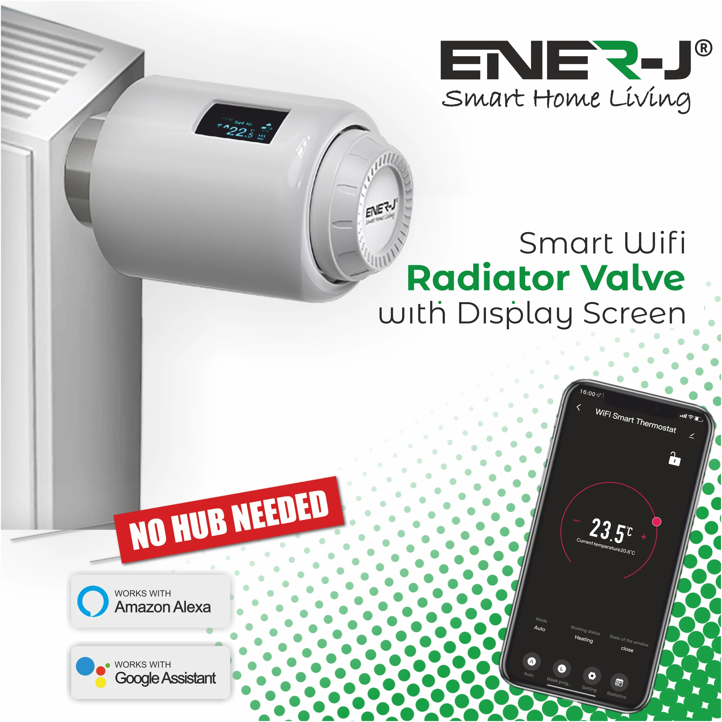Ener-j SHA5348-2 Smart Thermostatic Radiator Valve, No Hub Needed, APP & Voice Control Pack of 2
