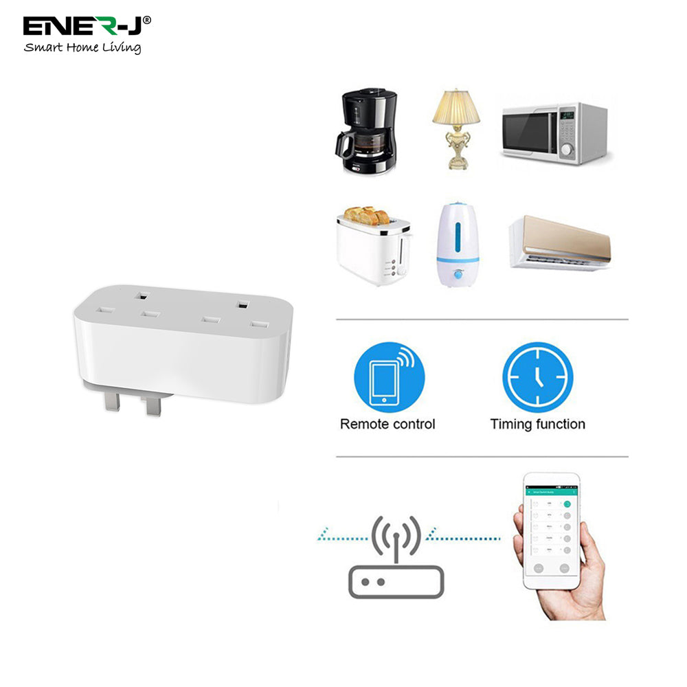 Ener-j SHA5354 13A WiFi Dual Smart Plug, UK BS Plug, With Energy Monitor