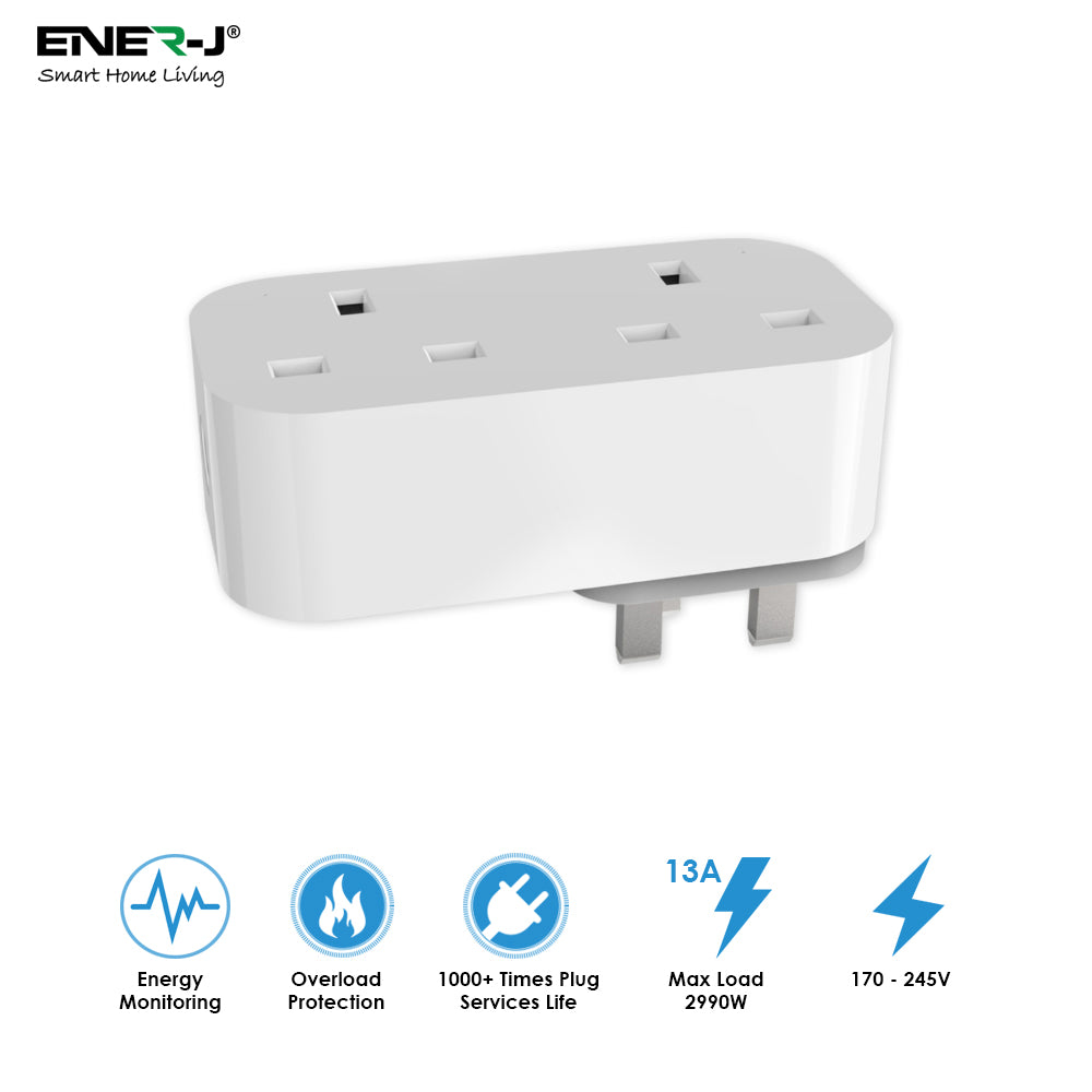 Ener-j SHA5354 13A WiFi Dual Smart Plug, UK BS Plug, With Energy Monitor