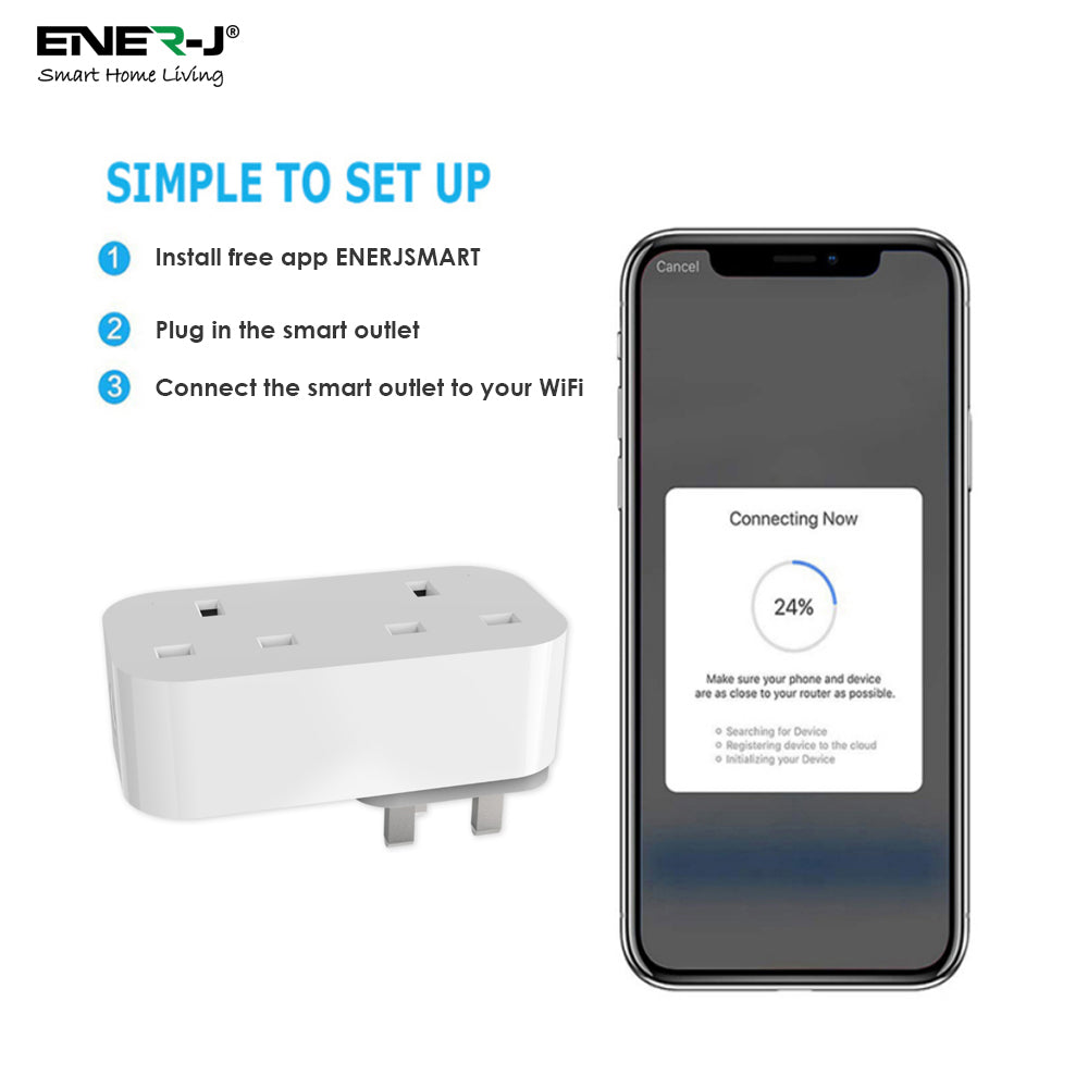 Ener-j SHA5354 13A WiFi Dual Smart Plug, UK BS Plug, With Energy Monitor