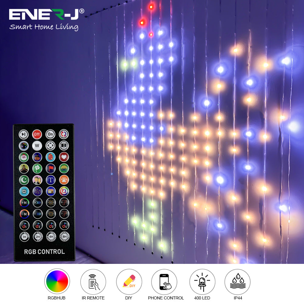 Ener-j SHA5358 Smart 400LED Colour Changing RGBIC Curtain Fairy Lights, 2Mx2M