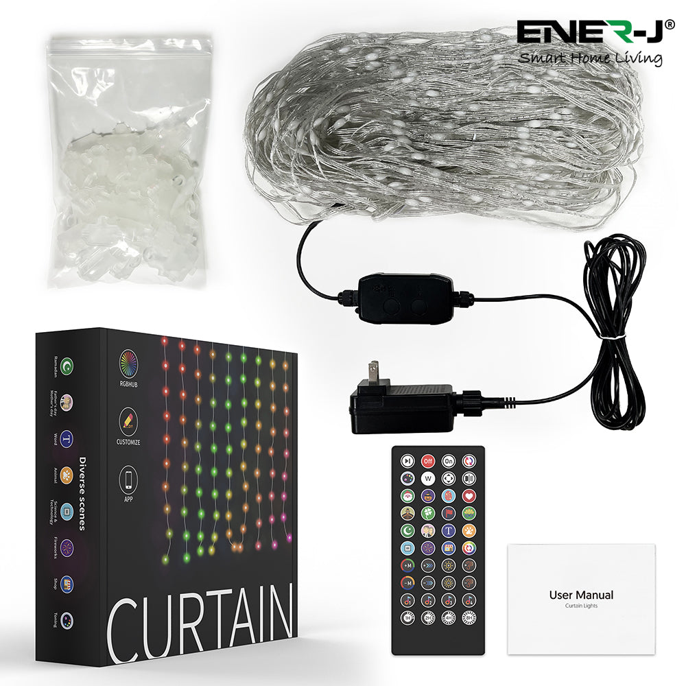 Ener-j SHA5358 Smart 400LED Colour Changing RGBIC Curtain Fairy Lights, 2Mx2M