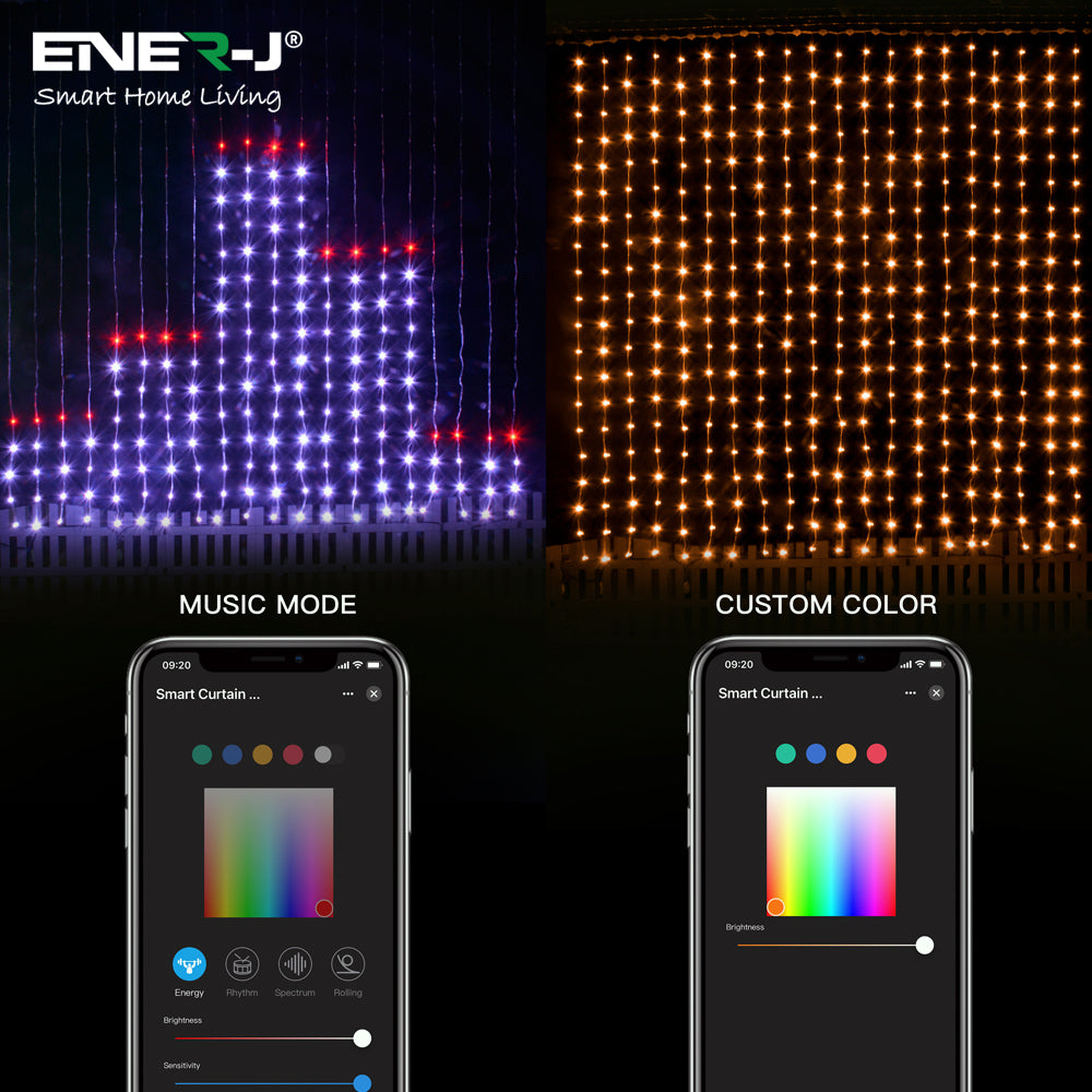 Ener-j SHA5358 Smart 400LED Colour Changing RGBIC Curtain Fairy Lights, 2Mx2M