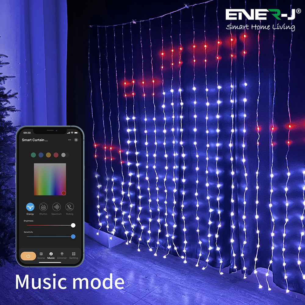 Ener-j SHA5358 Smart 400LED Colour Changing RGBIC Curtain Fairy Lights, 2Mx2M