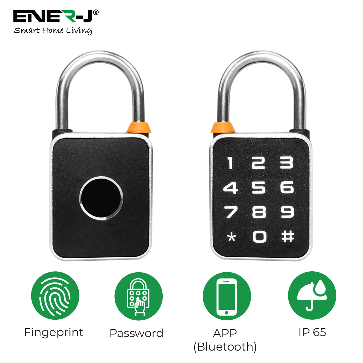 Ener-j SHA5362 Smart Padlock, Works with fingerprint, Passcodes, APP control (Bluetooth), IP65