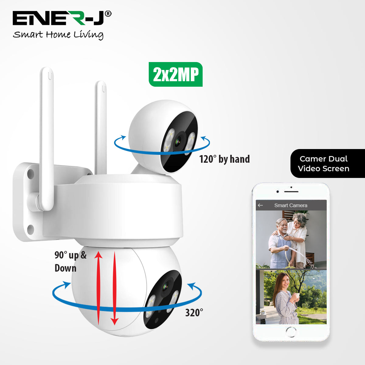 Ener-j SHA5363 Smart Wi-Fi Dual Lens Outdoor Dome IP Camera White Housing, IP65