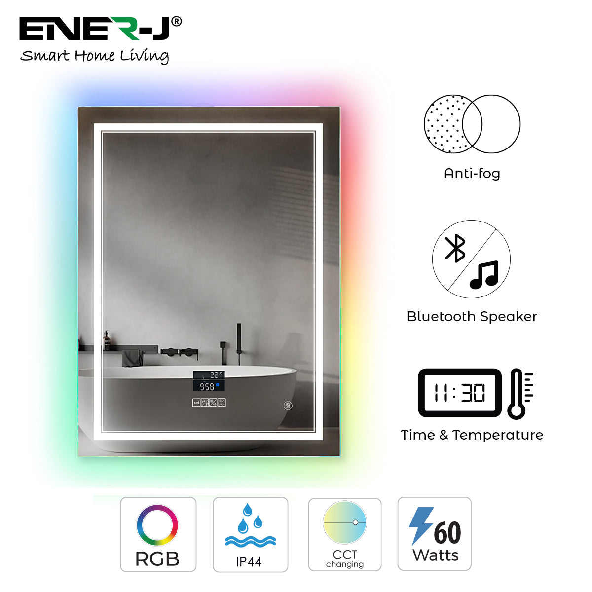 Ener-j SHA5365 LED Mirror CCT & Dimming in front & RGB in borders with Bluetooth Speaker