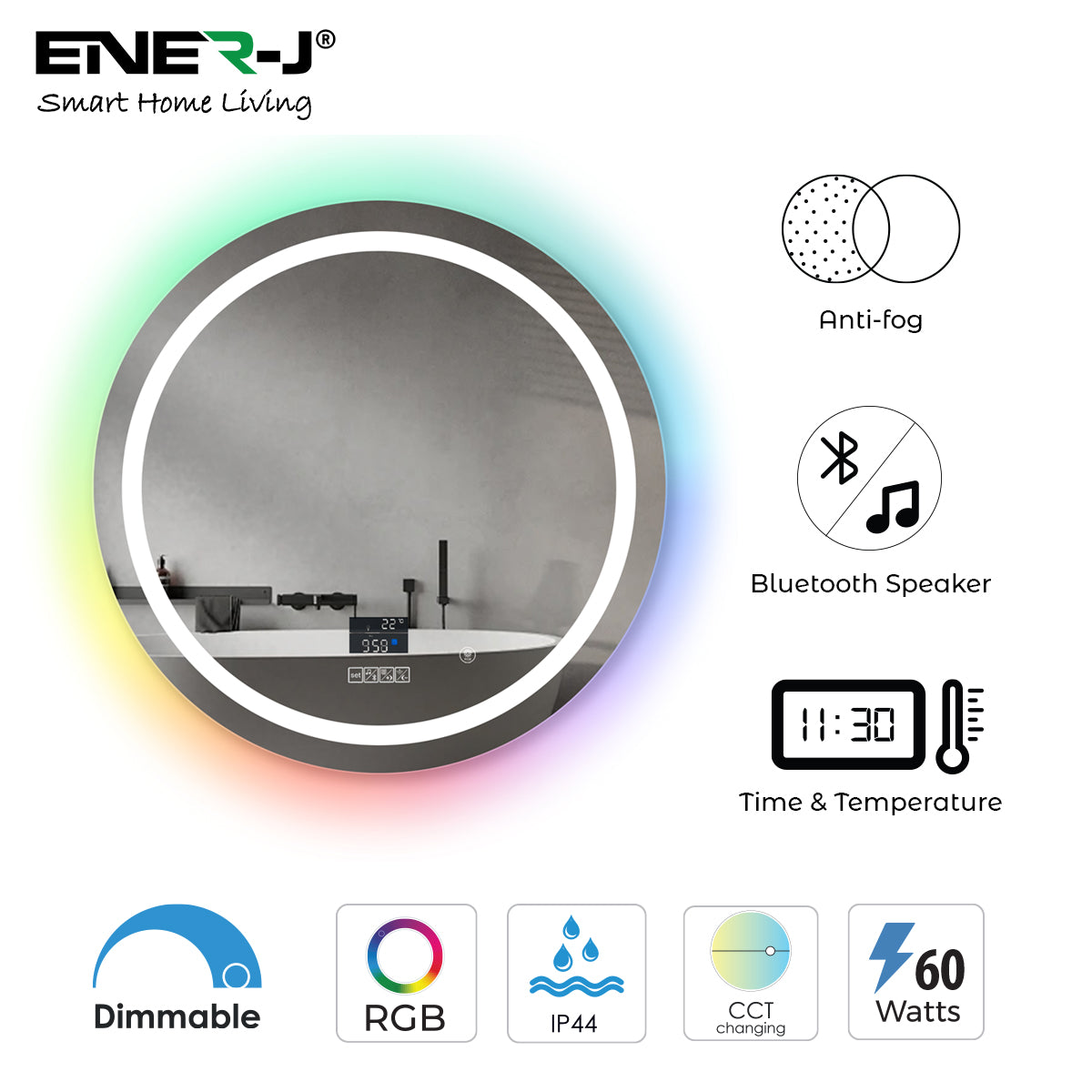 Ener-j SHA5366 LED Mirror CCT & Dimming in front & RGB in borders with Bluetooth Speaker, Round shape