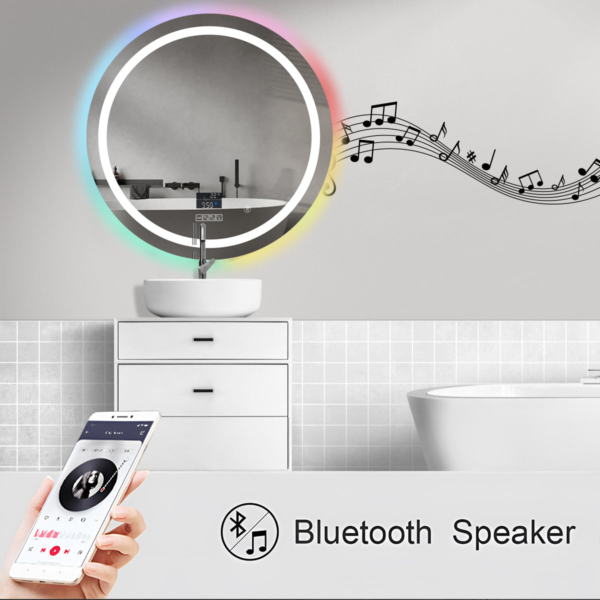Ener-j SHA5366 LED Mirror CCT & Dimming in front & RGB in borders with Bluetooth Speaker, Round shape