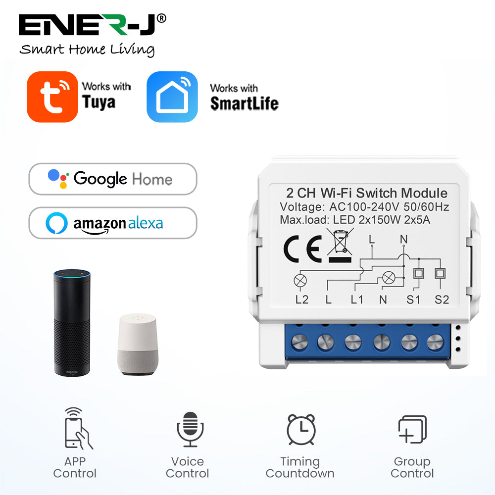 Ener-j SHA8005 Smart WiFi+BLE 2CH Light Switch Module (Max 2 x 150W). On/Off Switch
