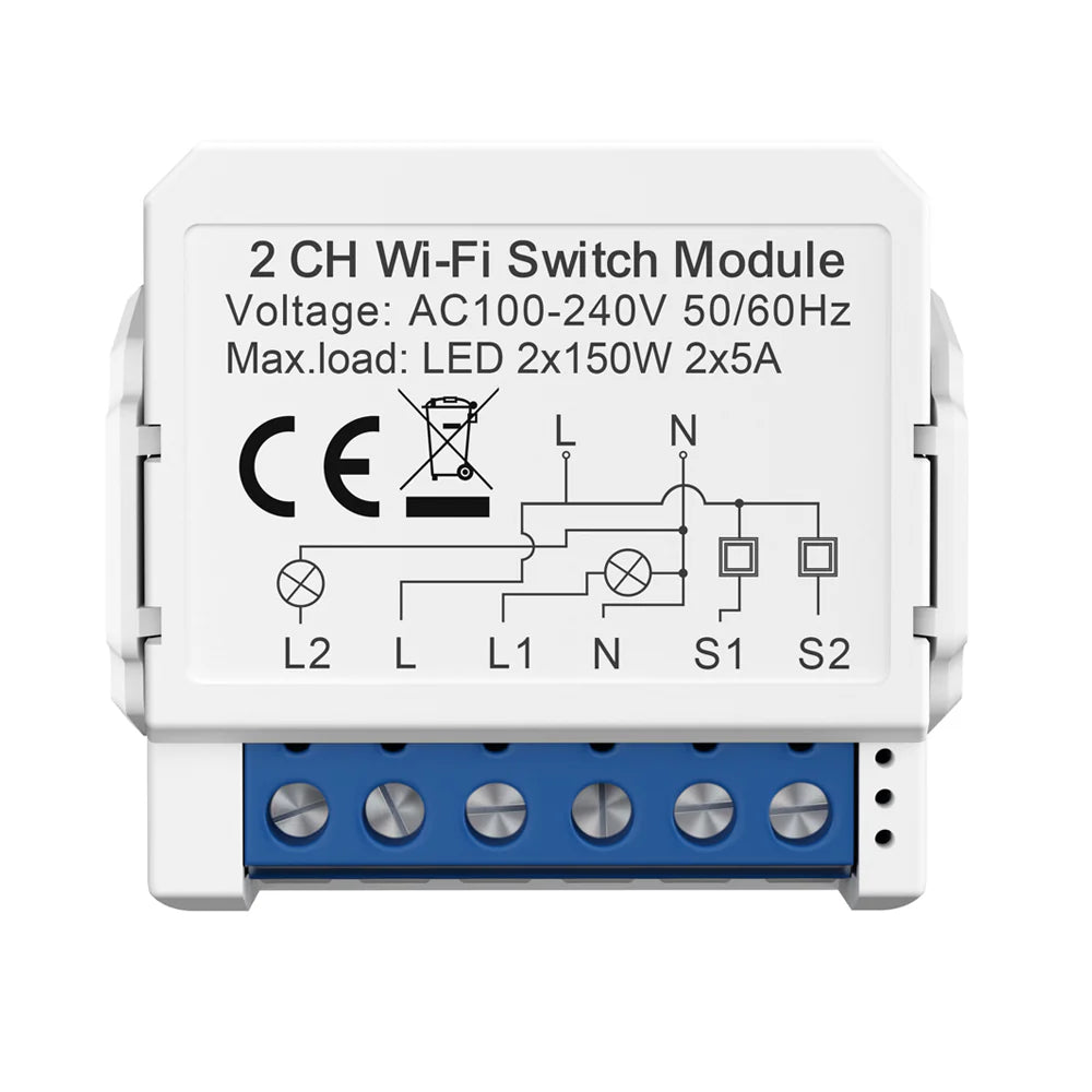 Ener-j SHA8005 Smart WiFi+BLE 2CH Light Switch Module (Max 2 x 150W). On/Off Switch
