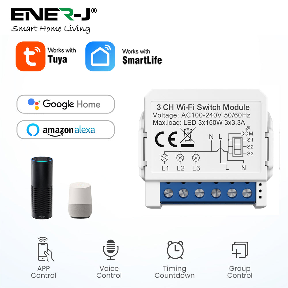 Ener-j SHA8006 Smart WiFi+BLE 3CH Light Switch Module (Max 3 x 150W). On/Off Switch