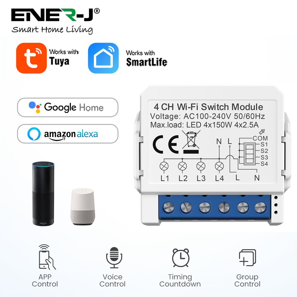 Ener-j SHA8007 Smart WiFi+BLE 4CH Light Switch Module (Max 4 x 150W). On/Off Switch