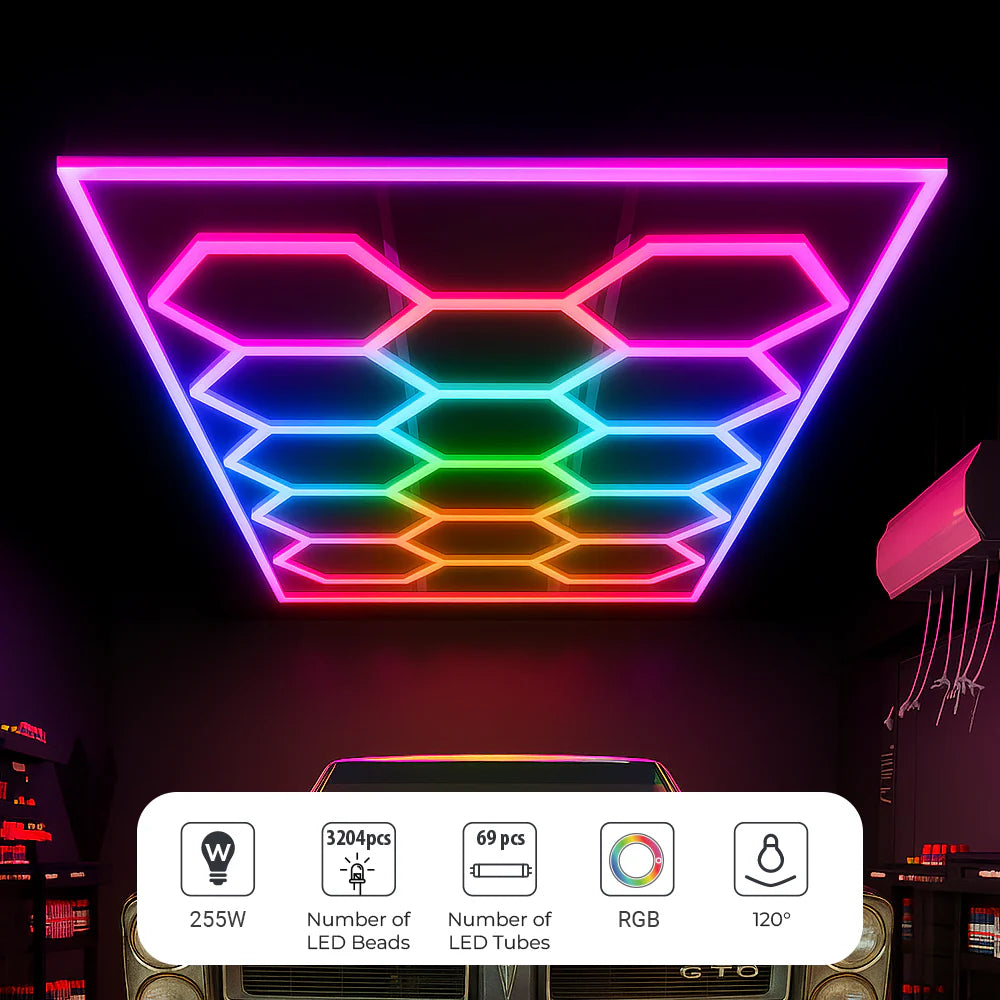 Ener-j T304RGB 600W Car Showroom Lights with 14 Hexagon design with frame, RGBIC with Remote