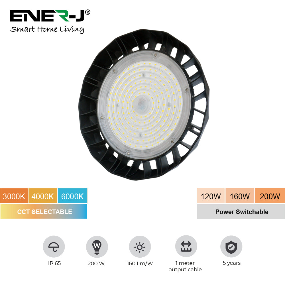 Ener-j T380 LED UFO High Bay Lights, Wattage Switchable (120W-160W-200W), CCT Switcheable (6000K-4000K-3000K), 160Lm/W, IP65