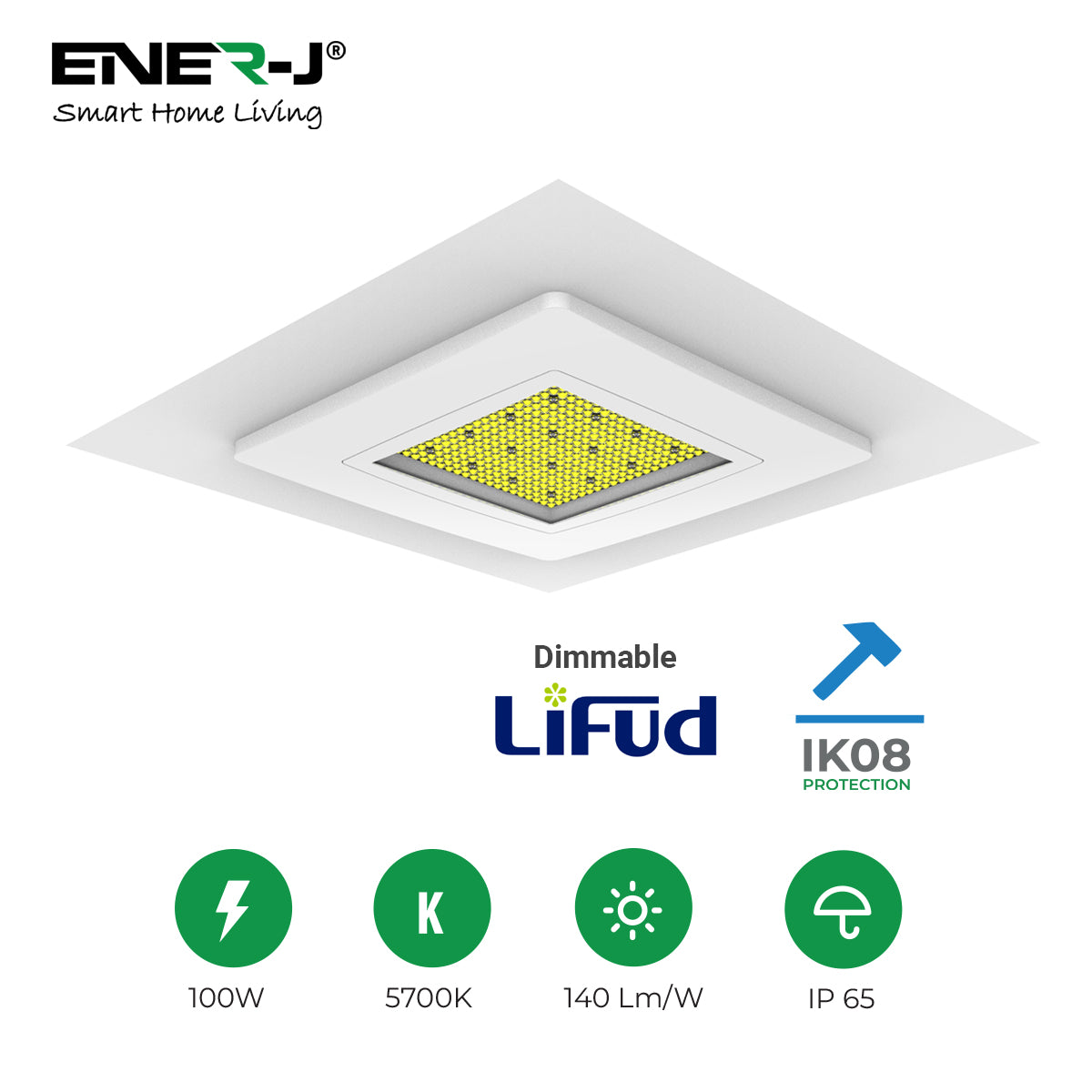 Ener-j T385 100W Premium Canopy Lights with 140 Lm/W & Dimmable Lifud Driver, Size 325x325mm, IP65 & IK08, Includes Recessed Mounting Kit & Surface Bracket installation, 5700K
