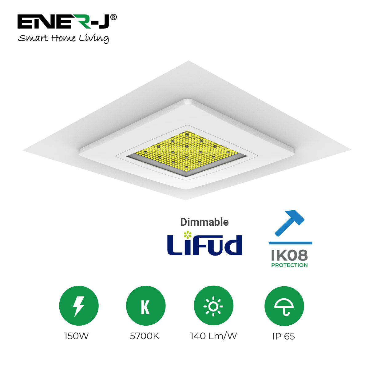 Ener-j T386 150W Premium Canopy Lights with 140 Lm/W & Dimmable Lifud Driver, Size 400x400mm, IP65 & IK08, Includes Recessed Mounting Kit & Surface Bracket installation, 5700K