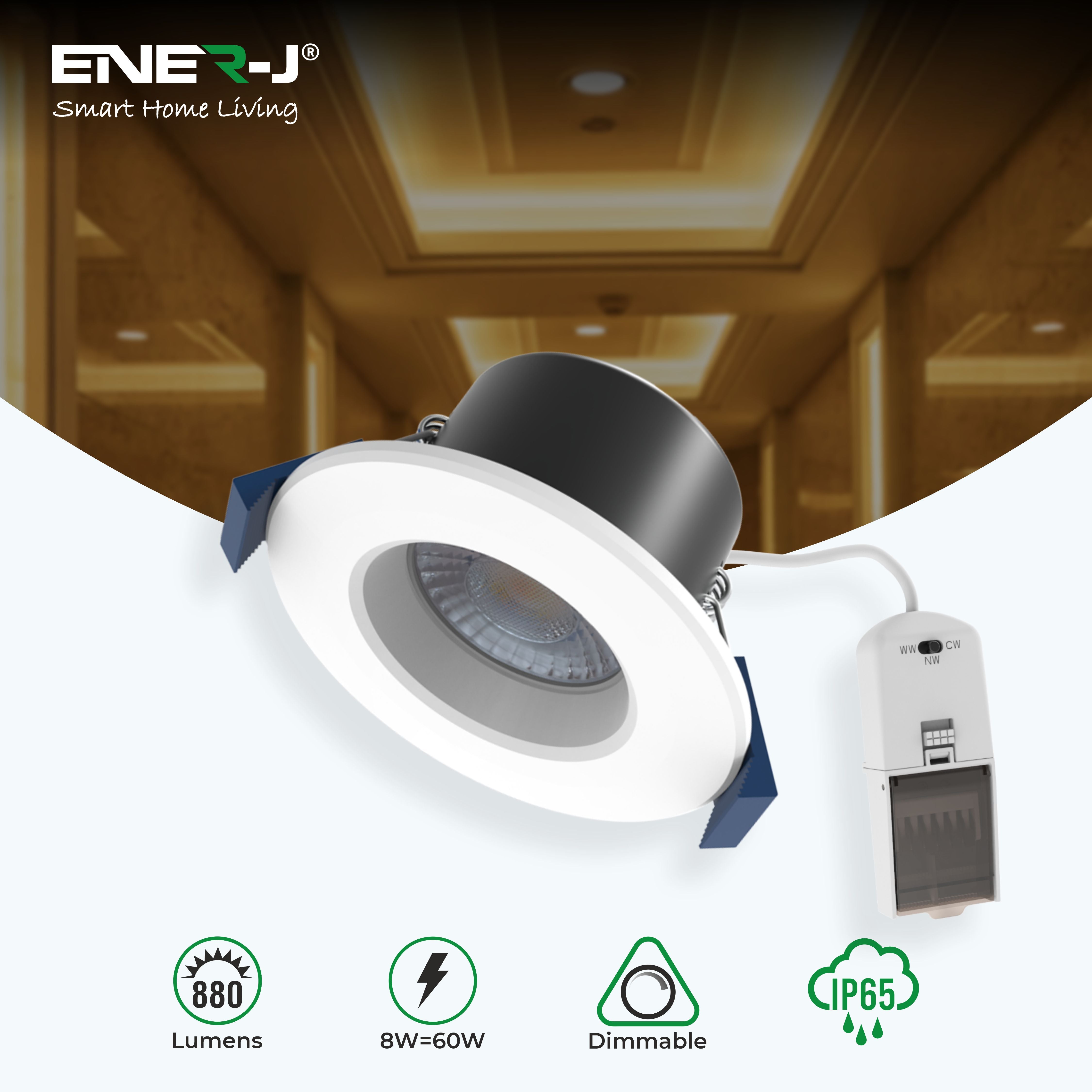 Ener-j T456 8W Fire Rated LED Downlight, Dimmable & CCT Changing, IP65 Pack of 2