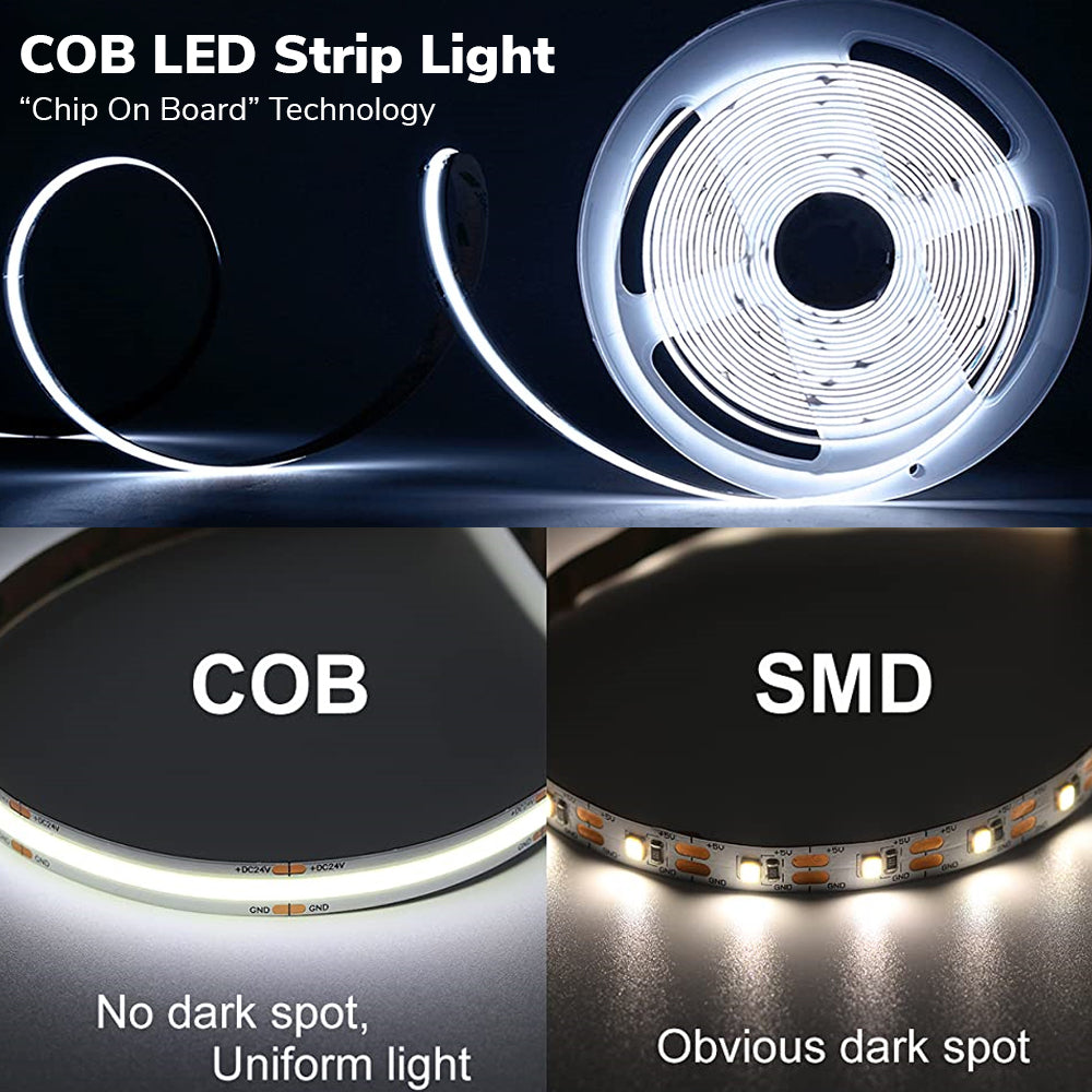 Ener-j T457 12V COB LED Strip Lights with 300 LEDs/M, 10W/M, 1100lm/M, CRI 90-92, 5M Roll, 6000K