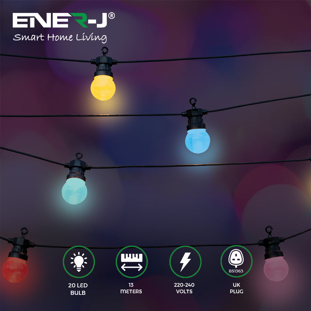 Ener-j T473 13 Meters RGB String Light Kit, 5V 5W (20 RGB Bulbs + IR Remote + UK Adapter)
