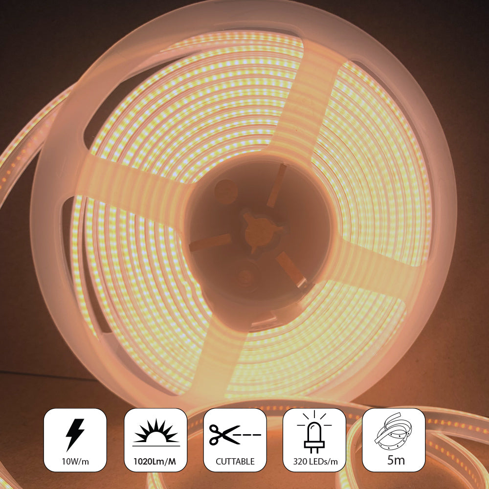 Ener-j T482 24V COB LED Strip Lights with 320 LEDs/M, 10W/M, 1100lm/M, CRI 90-92, 5m Roll, 3000K, IP65