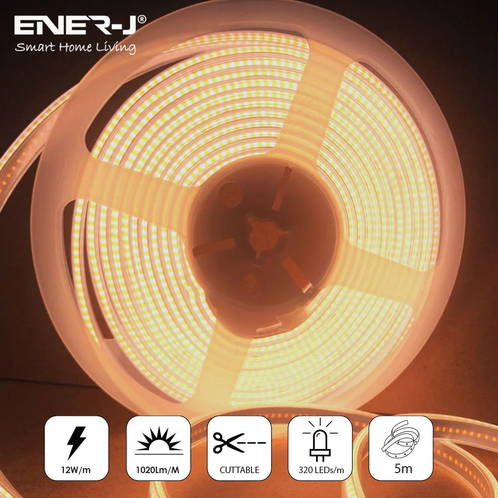 Ener-j T491 24V COB LED Strip Lights with 320 LEDs/M, 10W/M, 1020lm/M, CRI 90-92, 30m Roll, 3000K, IP20
