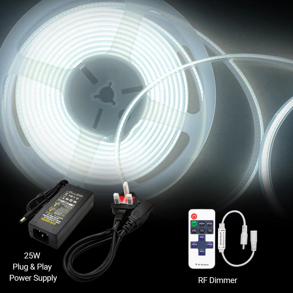 Ener-j T810 5 Meters Set of 24V Dotless COB Strip with 480 LEDs/M + Dimming Controller + UK Adapter Plug, 6500K