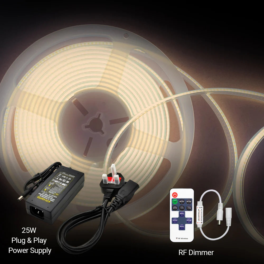 Ener-j T811 5 Meters Set of 24V Dotless COB Strip with 480 LEDs/M + Dimming Controller + UK Adapter Plug, 4000K