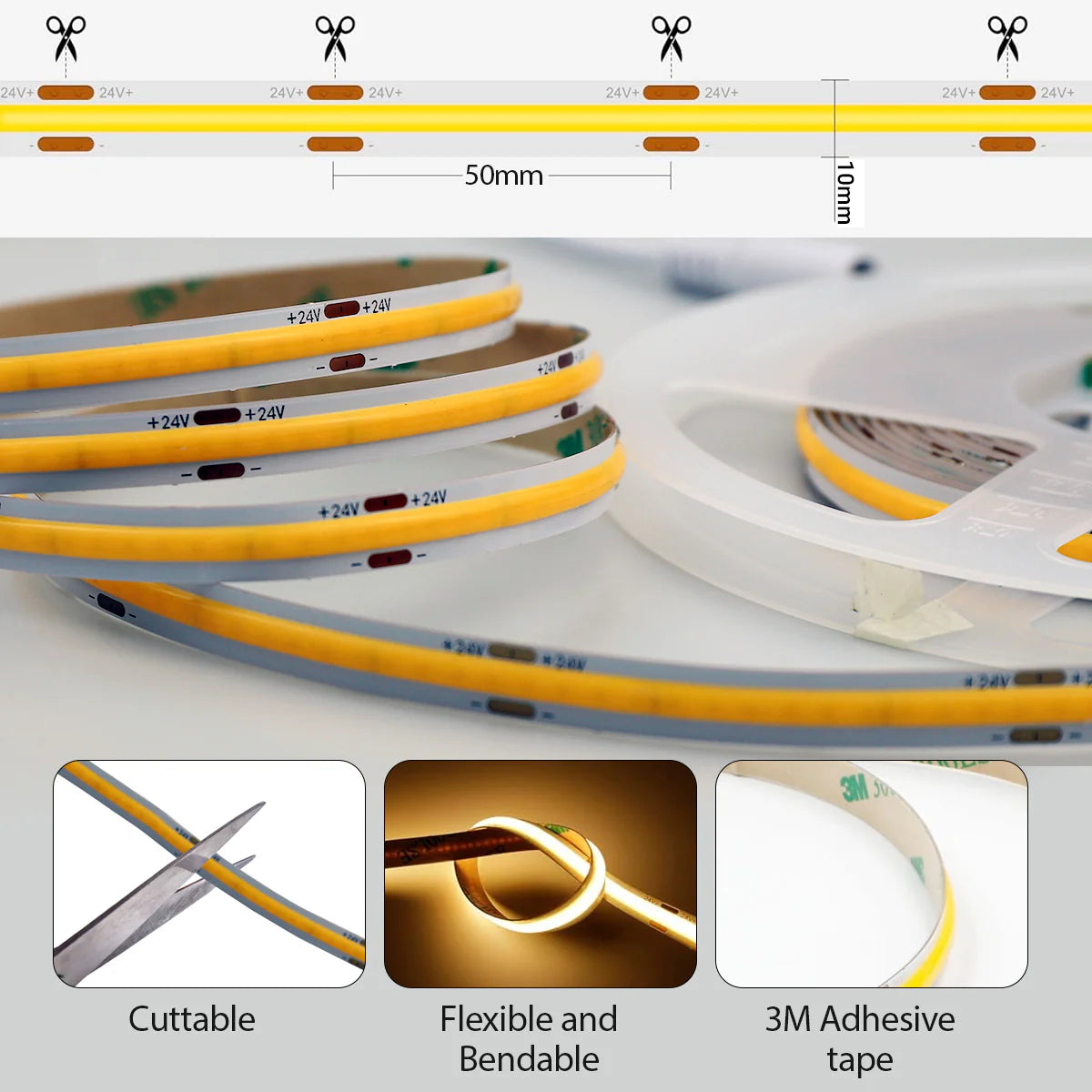 Ener-j T817 5 Meters Set of 24V Dotless COB Strip with 480 LEDs/M + Dimming Controller + UK Adapter Plug, 3000K