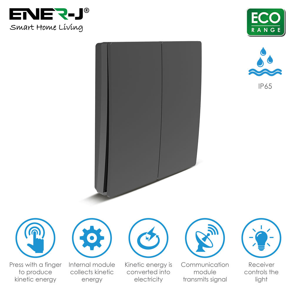 Enerj WS1051XB Eco Range 2 Gang Wireless Kinetic Switch Black