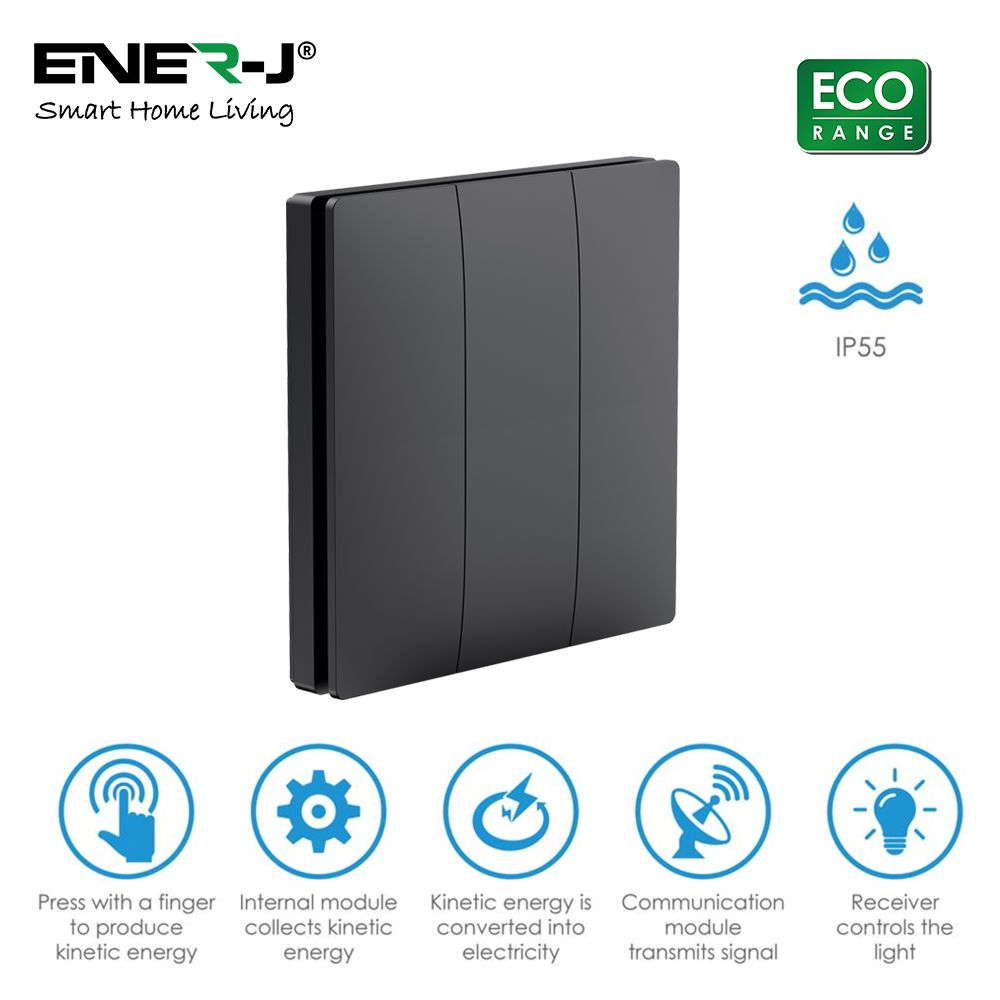 Enerj WS1052XB Eco Range 3 Gang Wireless Kinetic Switch Black