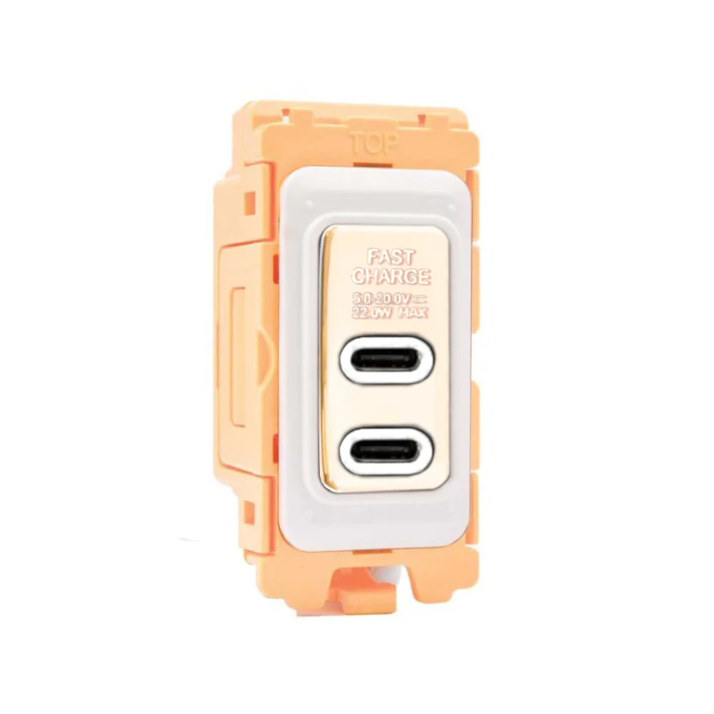GRID-IT FL FLUSBC+C-PB-W 2 gang USB Type C Outlets (3.6A Shared) + Bezel with Polished Brass/White Inserts