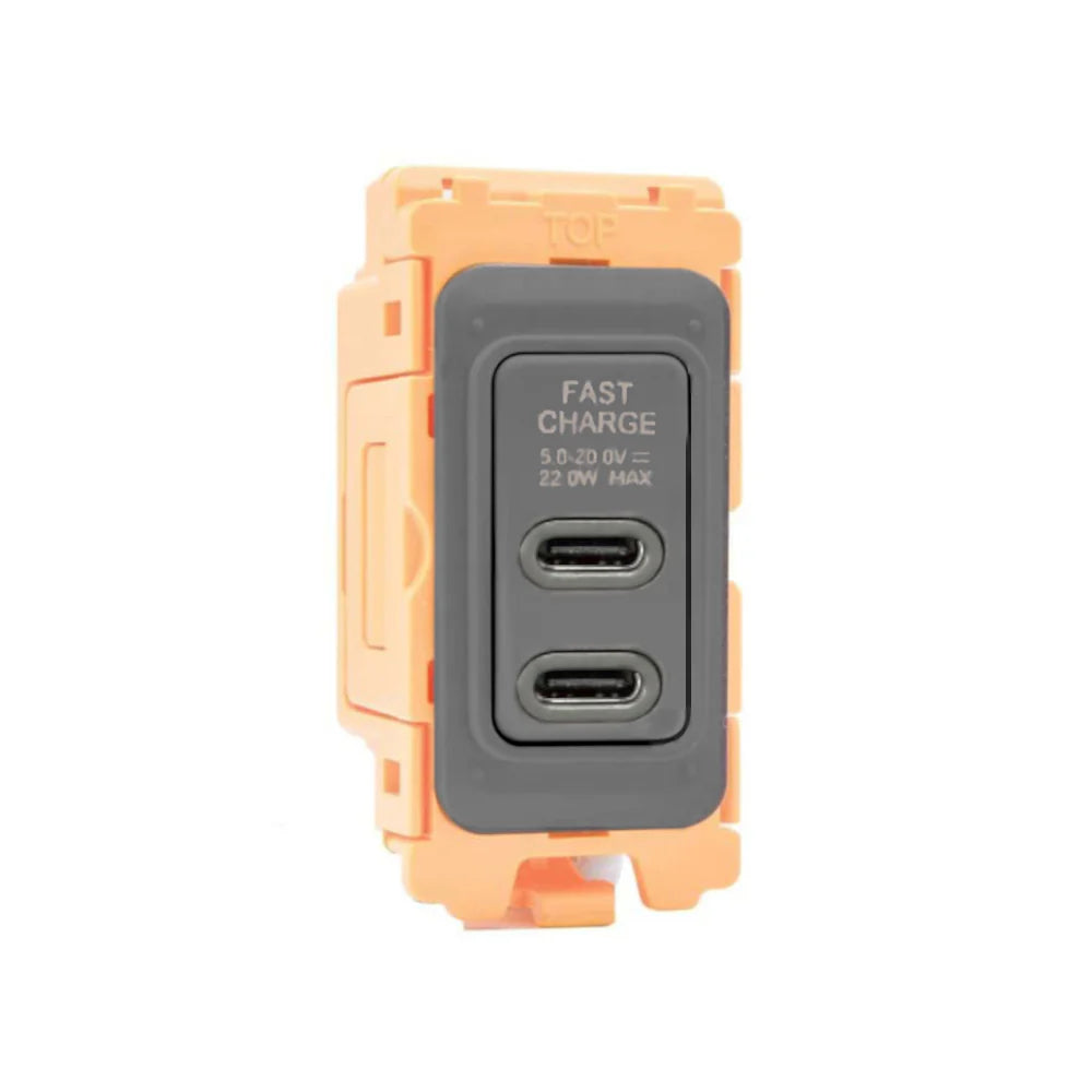 GRID-IT FL FLUSBC+C-QG-QG 2 gang USB Type C Outlets (3.6A Shared) + Bezel with Quartz Grey/Quartz Grey Inserts