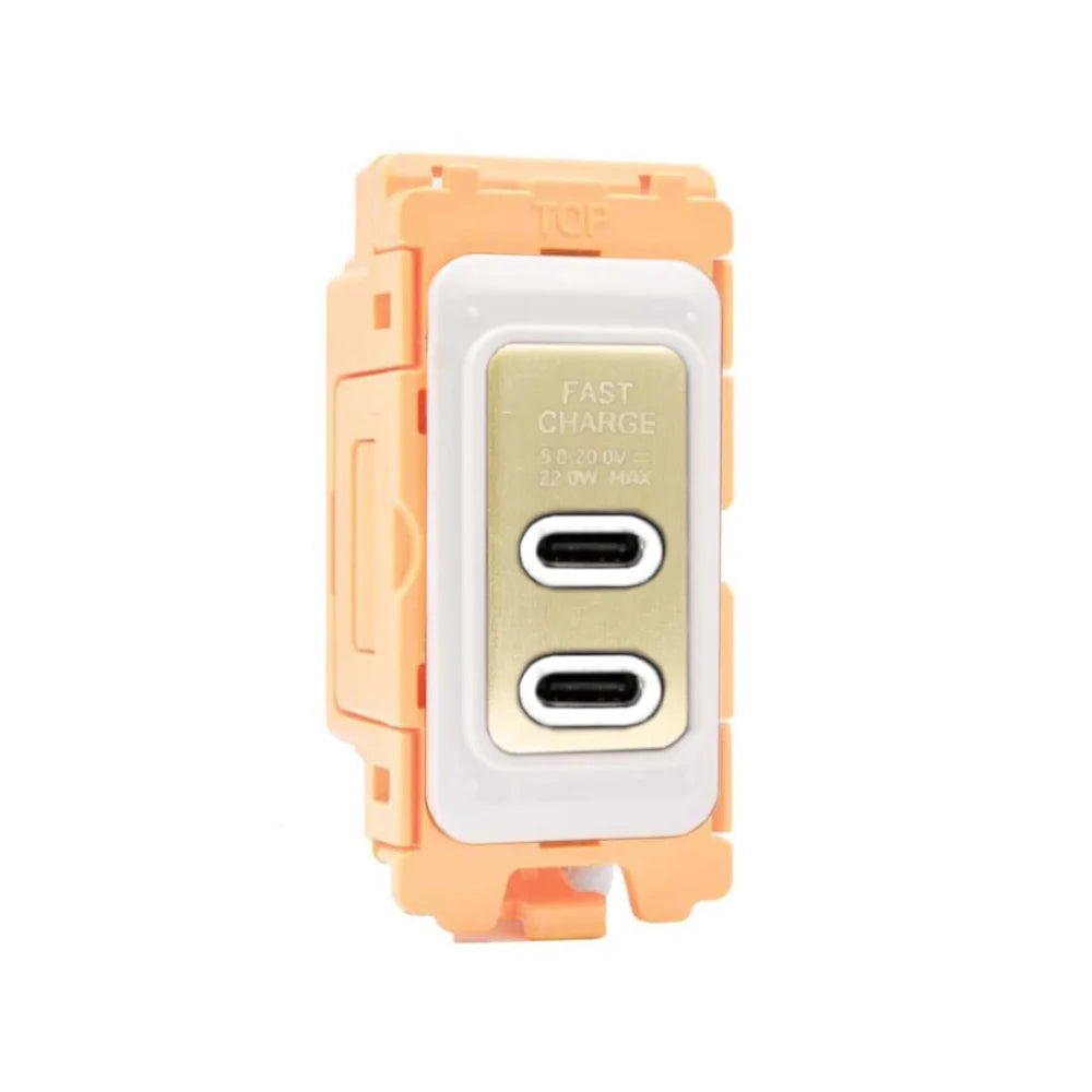 GRID-IT FL FLUSBC+C-SB-W 2 gang USB Type C Outlets (3.6A Shared) + Bezel with Satin Brass/White Inserts