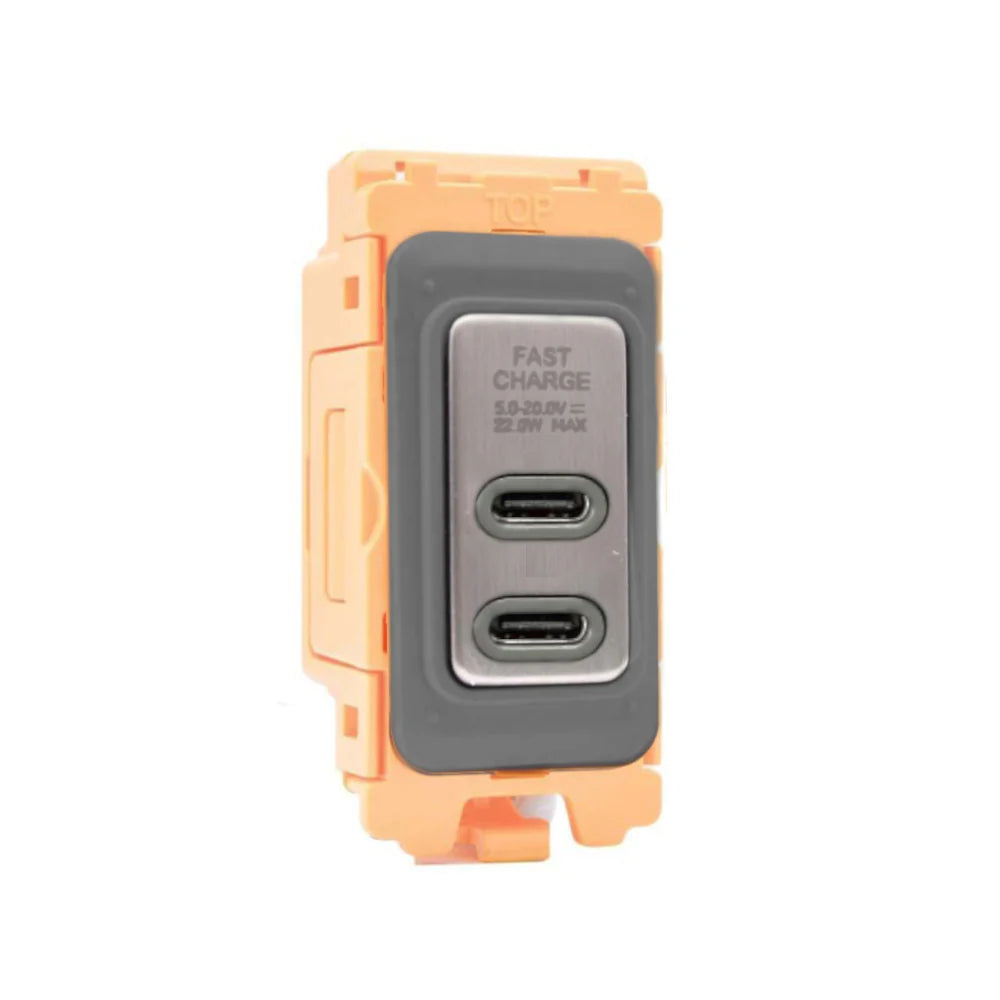 GRID-IT FL FLUSBC+C-SS-QG 2 gang USB Type C Outlets (3.6A Shared) + Bezel with Satin Steel/Quartz Grey Inserts