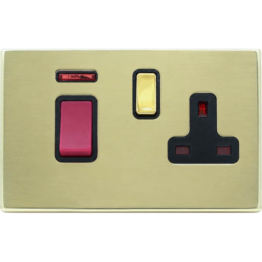 Hamilton 71C45SS1PB-B Hartland CFX Polished Brass 45A Double Pole Rocker + Neon + 13A Switched Socket Red+Polished Brass/Black