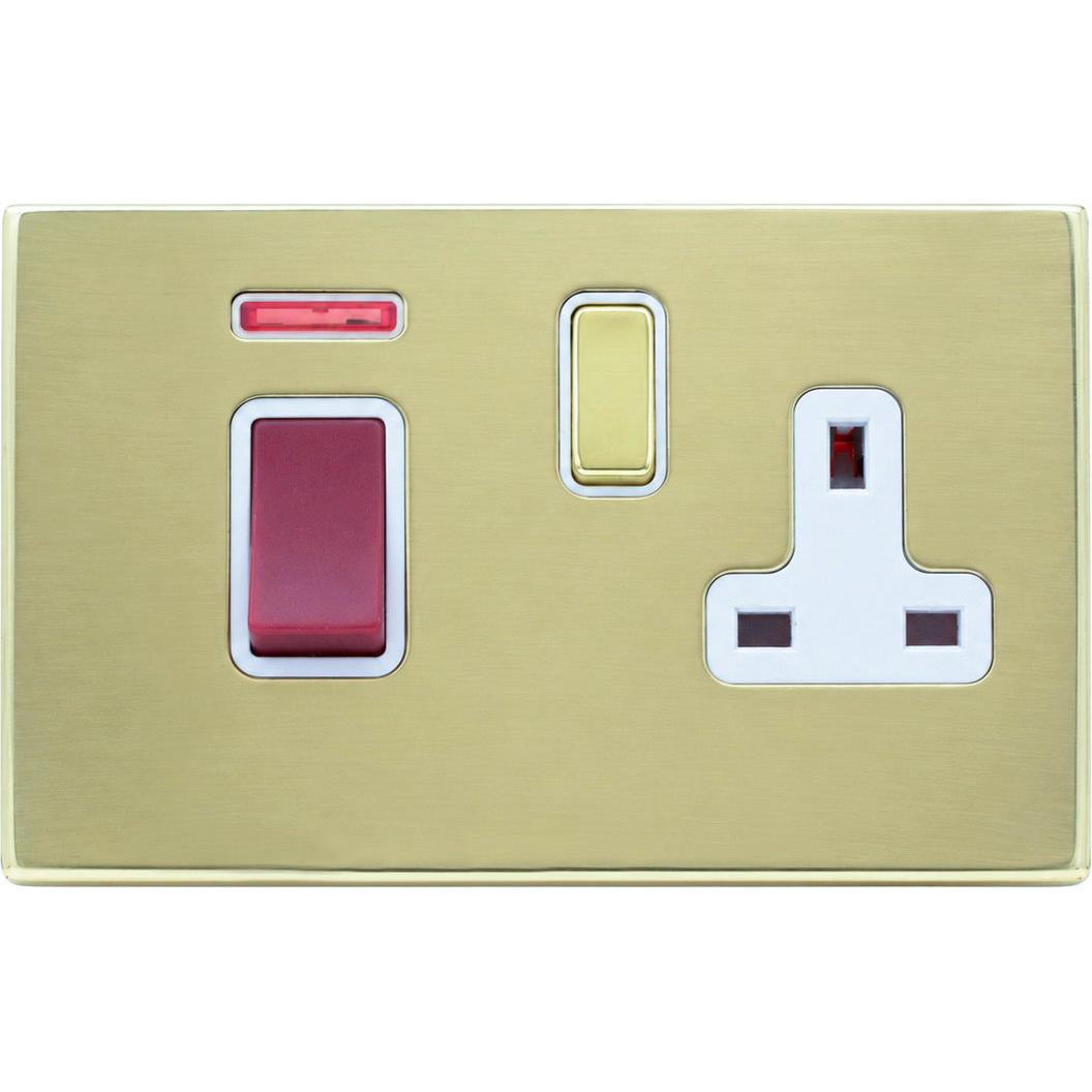 Hamilton 71C45SS1PB-W Hartland CFX Polished Brass 45A Double Pole Rocker + Neon + 13A Switched Socket Red+Polished Brass/White