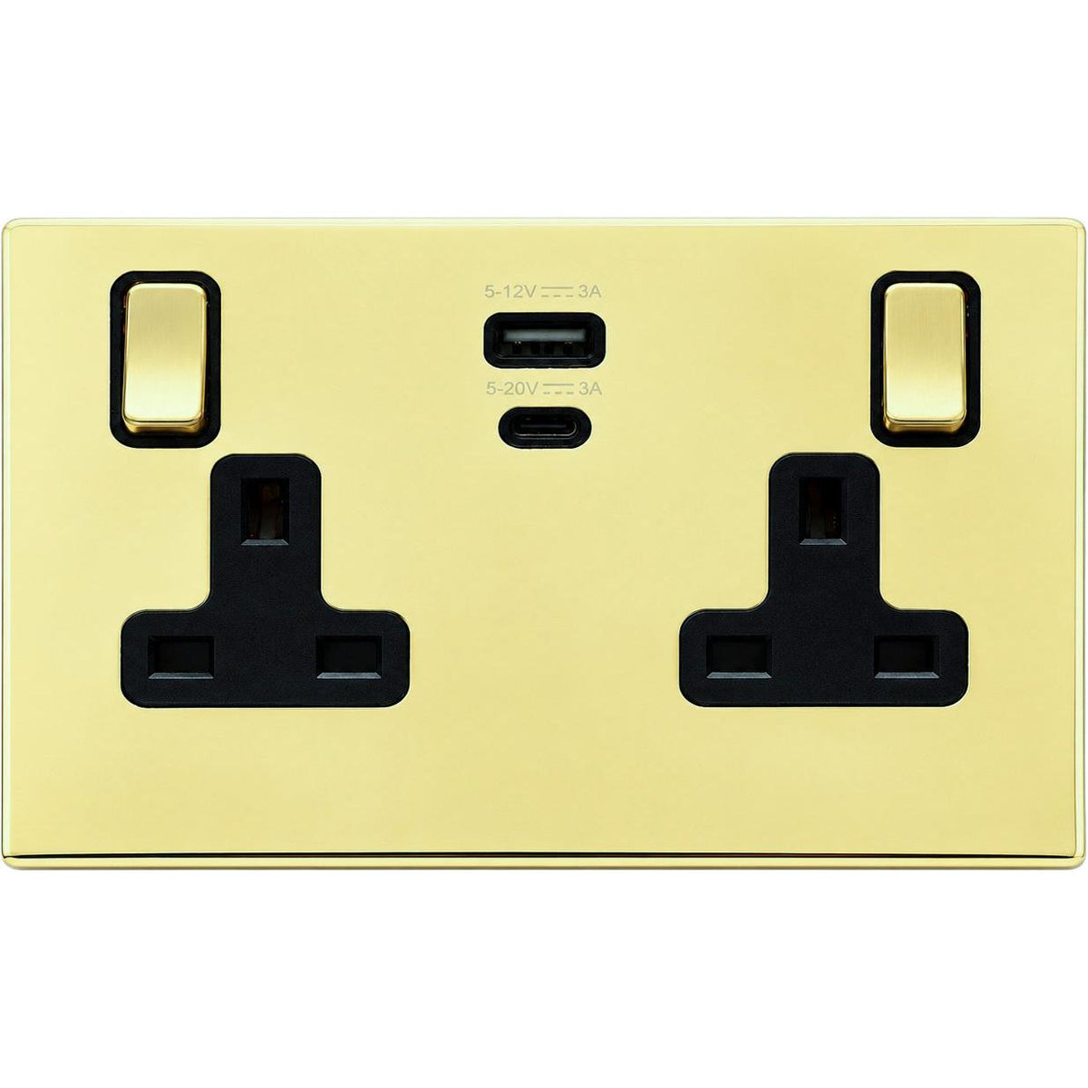 Hamilton 71CSS2USBPDPB-B Hartland CFX Polished Brass 2 gang 13A Single Pole Switched Socket with 45W Type A&C Quick Charge and Power Delivery Polished Brass/Black