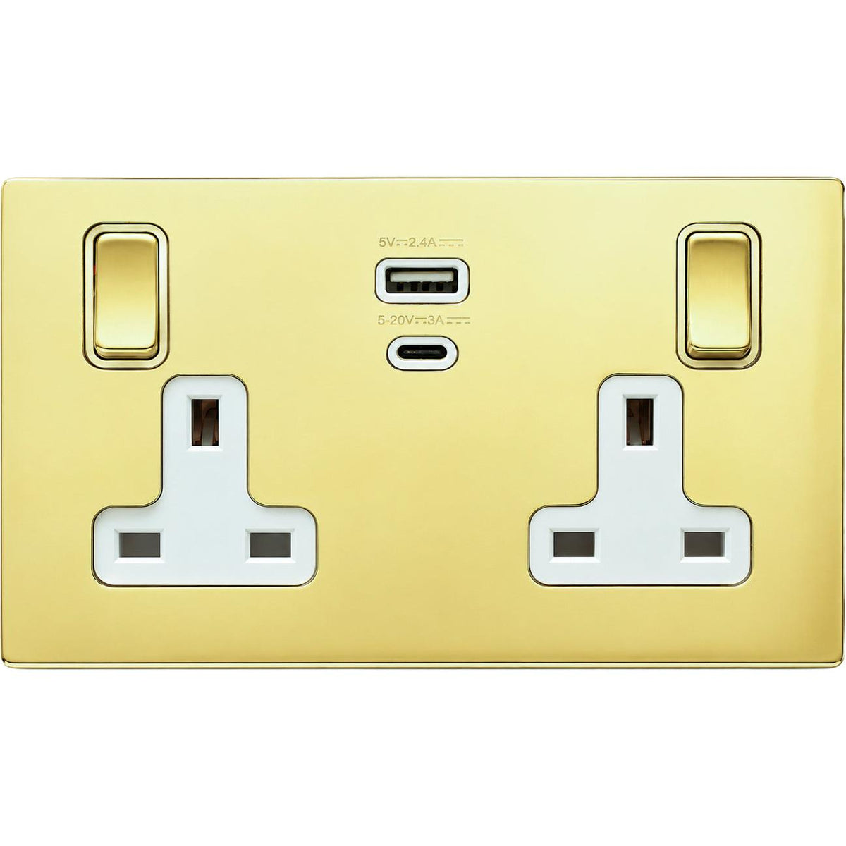 Hamilton 71CSS2USBPDPB-W Hartland CFX Polished Brass 2 gang 13A Single Pole Switched Socket with 45W Type A&C Quick Charge and Power Delivery Polished Brass/White