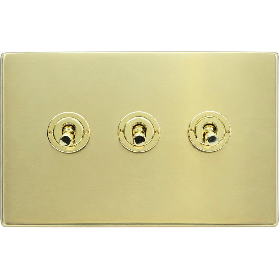 Hamilton 71CT23-K Hartland CFX Polished Brass 3 gang 20AX 2 Way Toggle Polished Brass c/w PB Knurled Toggle