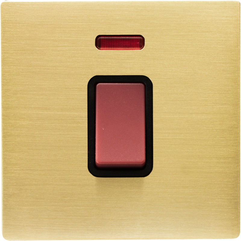 Hamilton 72C45NB Hartland CFX Satin Brass 1 gang 45A Double Pole Rocker and Neon Red/Black
