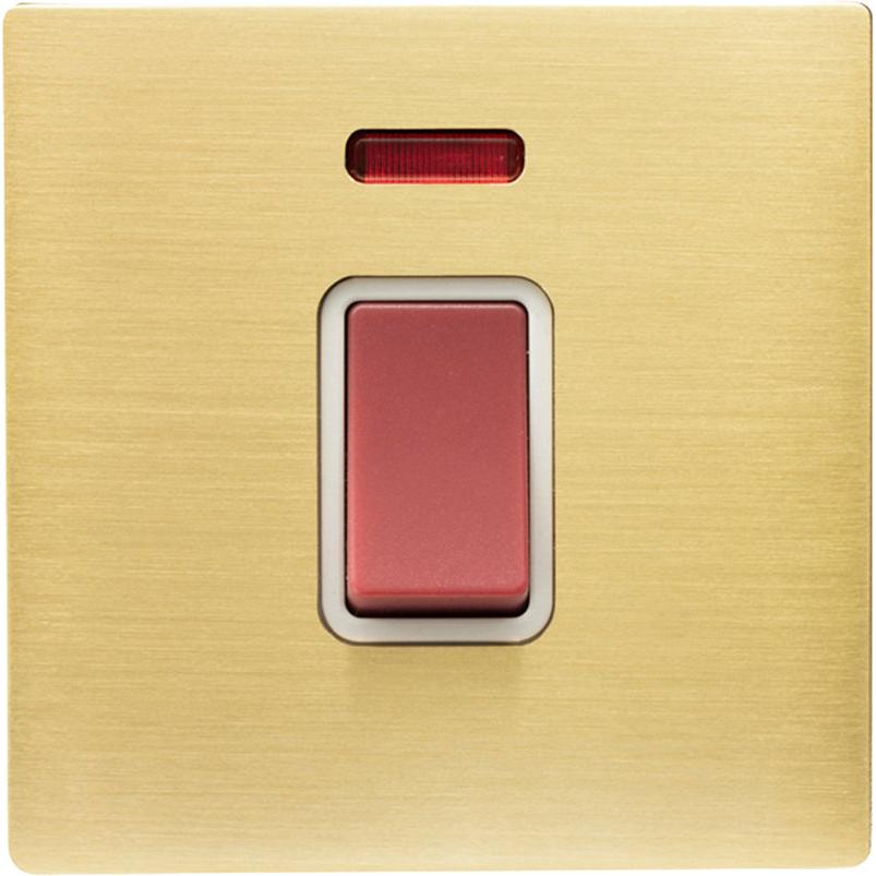 Hamilton 72C45NW Hartland CFX Satin Brass 1 gang 45A Double Pole Rocker and Neon Red/White