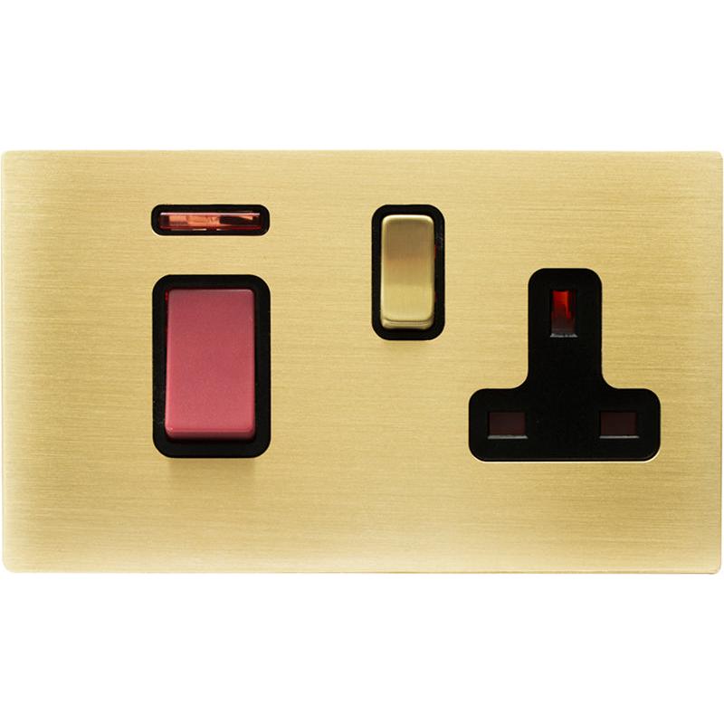 Hamilton 72C45SS1SB-B Hartland CFX Satin Brass 45A Double Pole Rocker + Neon + 13A Switched Socket Red+Satin Brass/Black