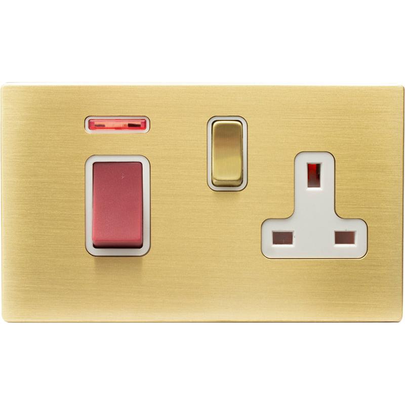Hamilton 72C45SS1SB-W Hartland CFX Satin Brass 45A Double Pole Rocker + Neon + 13A Switched Socket Red+Satin Brass/White