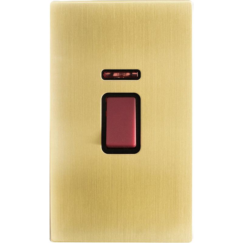 Hamilton 72C45VB Hartland CFX Satin Brass 1 gang 45A Double Pole Rocker and Neon (Vertically Mounted) Red/Black